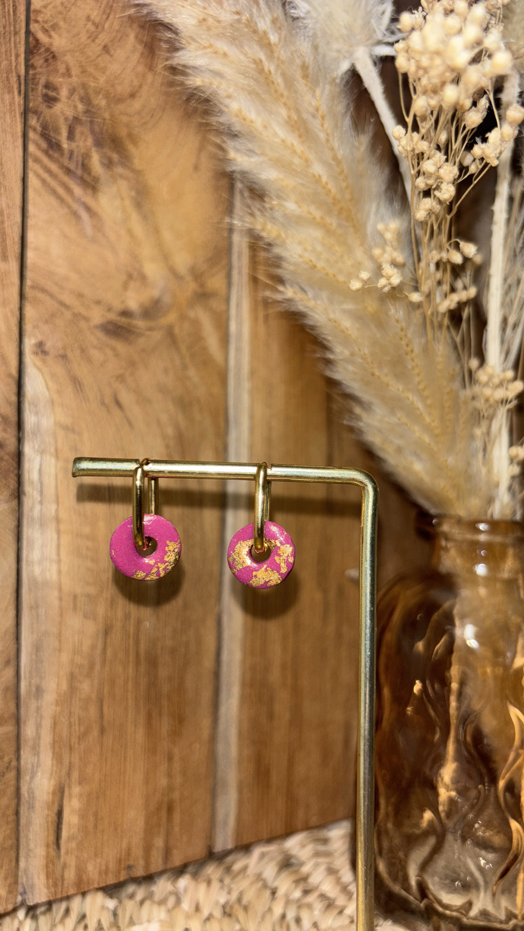 Boucles d’oreilles créoles interchangeables avec pampille fleur rose fuchsia